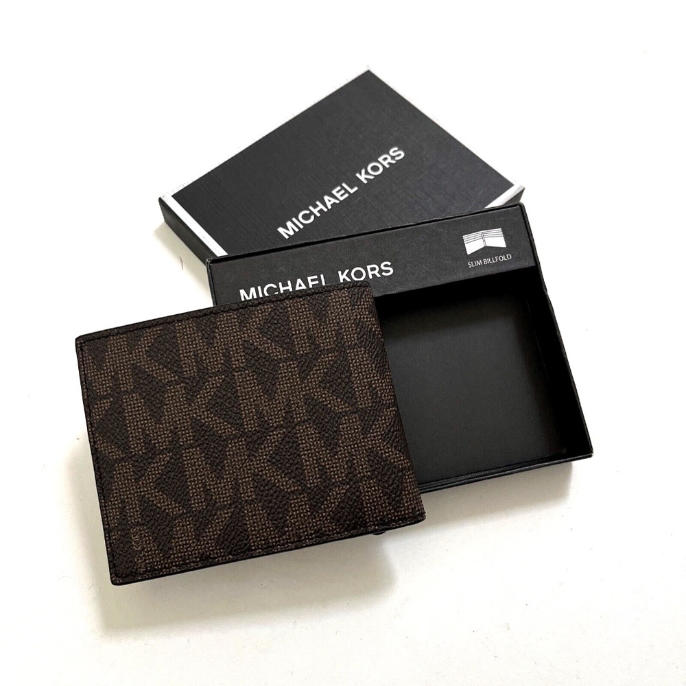 2pc MICHAEL KORS Slim Billfold Wallet Set Black Gray / Brown Logo Boxed Gift NWT - Picture 4 of 13